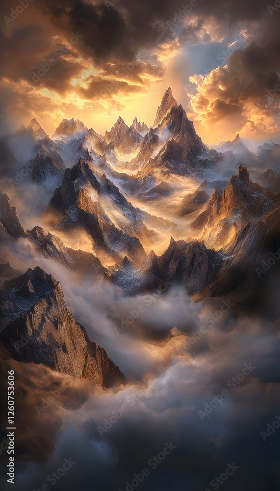 Obraz premium Expansive mountain range illuminated by golden hour light, dynamic mist rolling through valleys, cinematic surrealism capturing scale and serenity