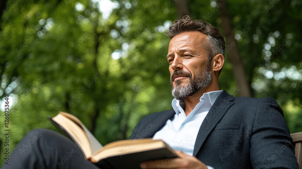 Mature Man Reading Outdoors in Park: Tranquil Moments Amidst Nature's Greenery Mature Man Reading Outdoors in Park: Tranquil Moments Amidst Nature's Greenery
