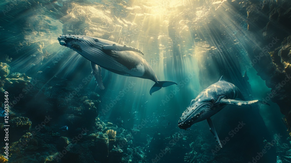 A humpback whale gliding through the deep blue ocean. The color palette is dark silver and light navy. A humpback whale gliding through the deep blue ocean. The color palette is dark silver and light navy.