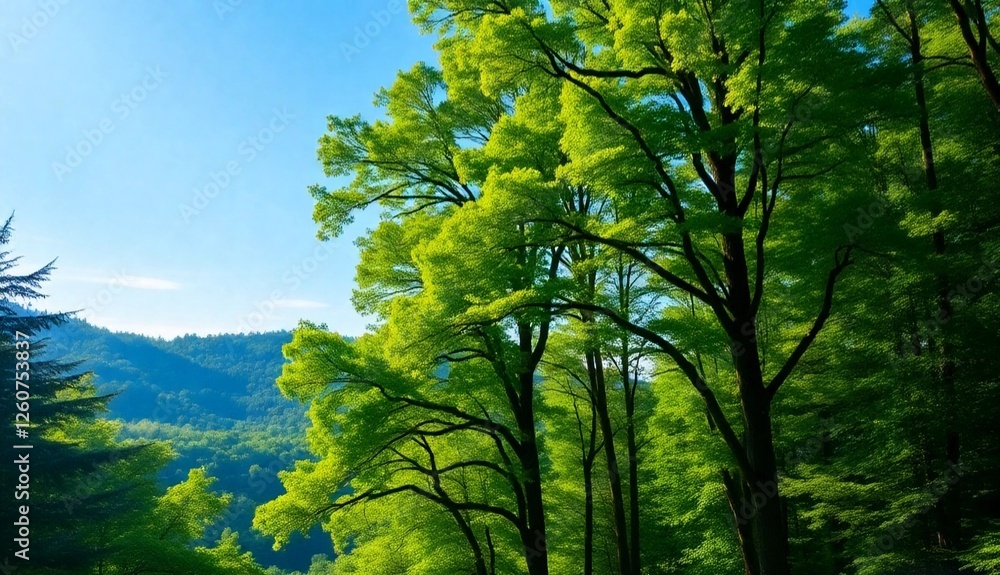 Fototapeta premium Natural background featuring lush green forests, soft sunlight filtering through the trees, and a clear blue sky. A peaceful and refreshing atmosphere with vibrant foliage, gentle hills.