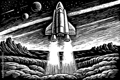 space ship landing black and white hand drawn sketch