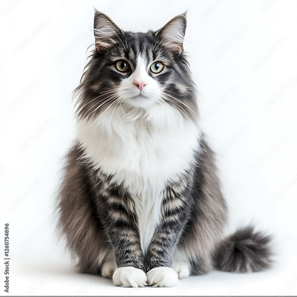 Fluffy grey and white cat sitting, studio shot, white background, pet portrait Fluffy grey and white cat sitting, studio shot, white background, pet portrait