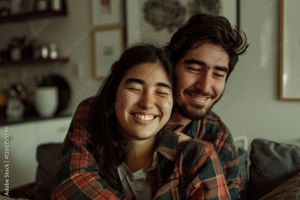 Portrait of a blissful multiethnic couple in their 20s wearing a comfy flannel shirt isolated on crisp minimalistic living room Portrait of a blissful multiethnic couple in their 20s wearing a comfy flannel shirt isolated on crisp minimalistic living room
