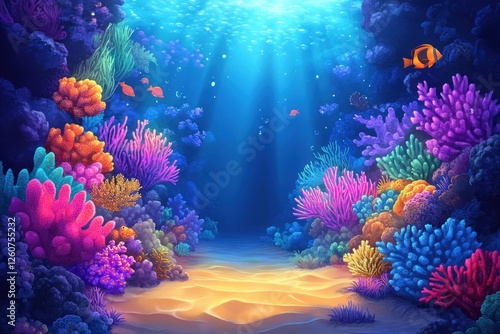 Fototapeta Naklejka Na Ścianę i Meble -  Vibrant Coral Reef Underwater Scene in Cartoon Style with Bright Colors and Dreamy Atmosphere for Children