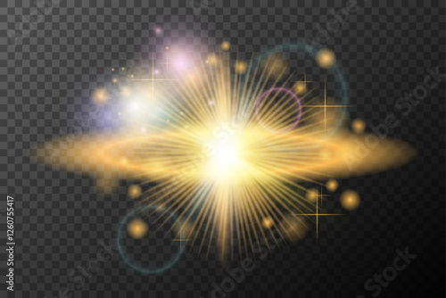 Light flash effect with flares and glow on a transparent background. Magical glow, shining light, star, optical flares for design, photomontage, New Year, and festive projects.