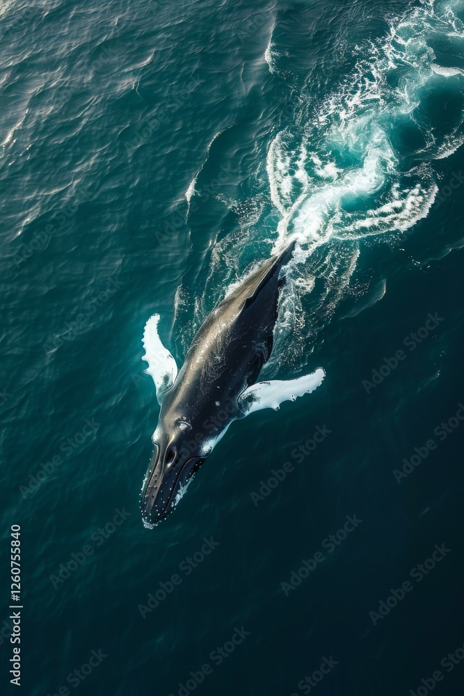 Fototapeta premium A humpback whale emerging from deep blue ocean water. The color palette is dark silver and light navy.