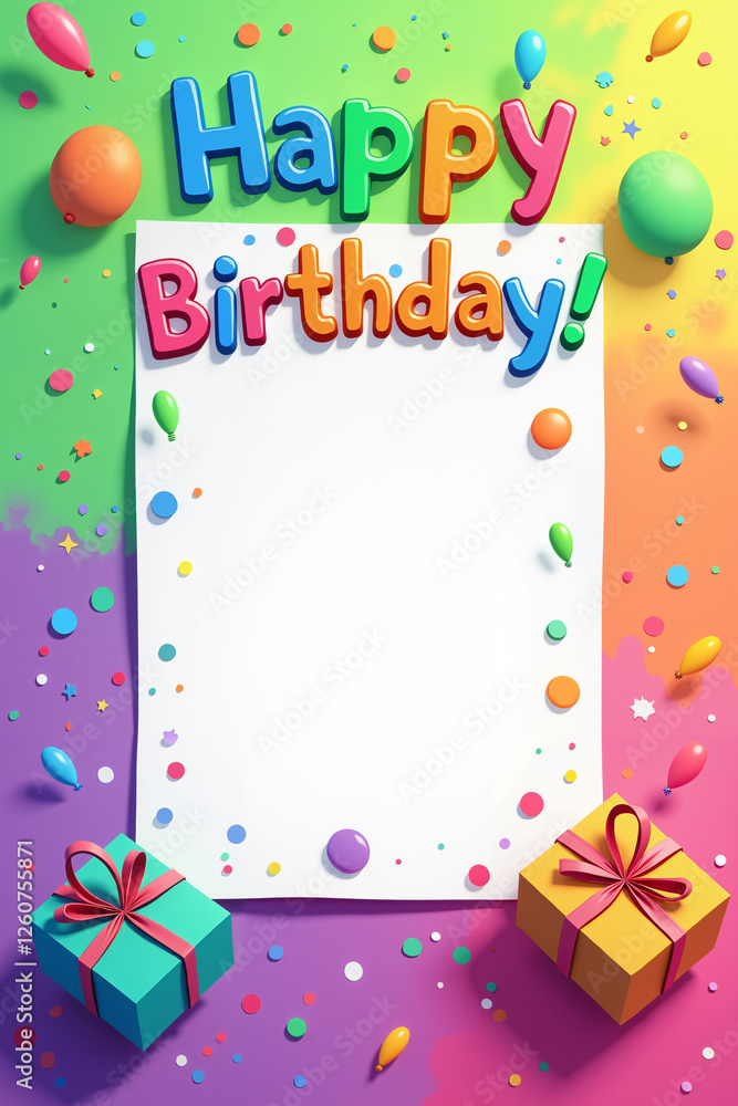 Birthday card with a colorful background, featuring balloons, confetti, and presents in shades of pink, yellow, and blue, with the text Happy Birthday written in multicolored letters. Birthday card with a colorful background, featuring balloons, confetti, and presents in shades of pink, yellow, and blue, with the text Happy Birthday written in multicolored letters.