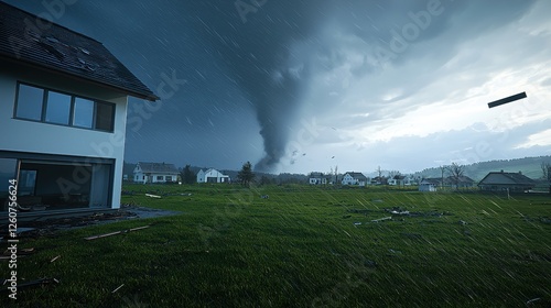 Large tornado forming over a residential house with dark storm clouds in the background
