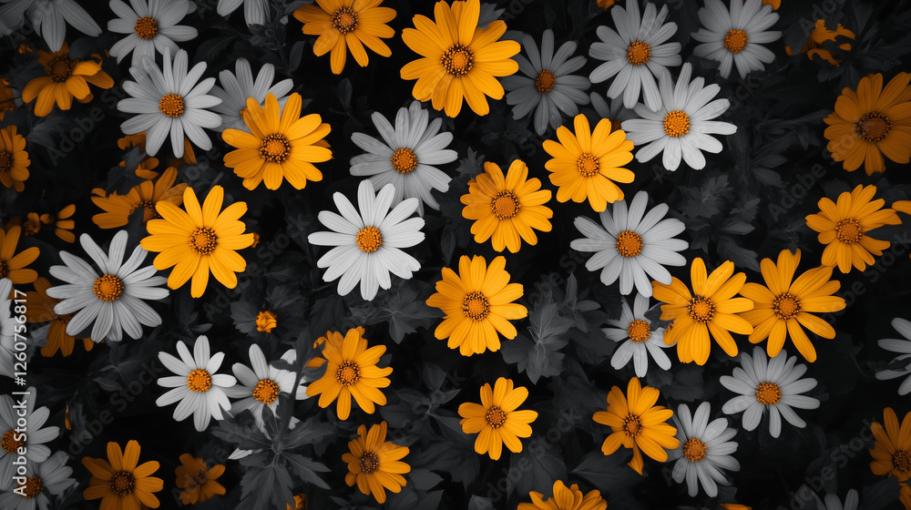 Black background, yellow and white daisies, macro photography, black and gray Black background, yellow and white daisies, macro photography, black and gray