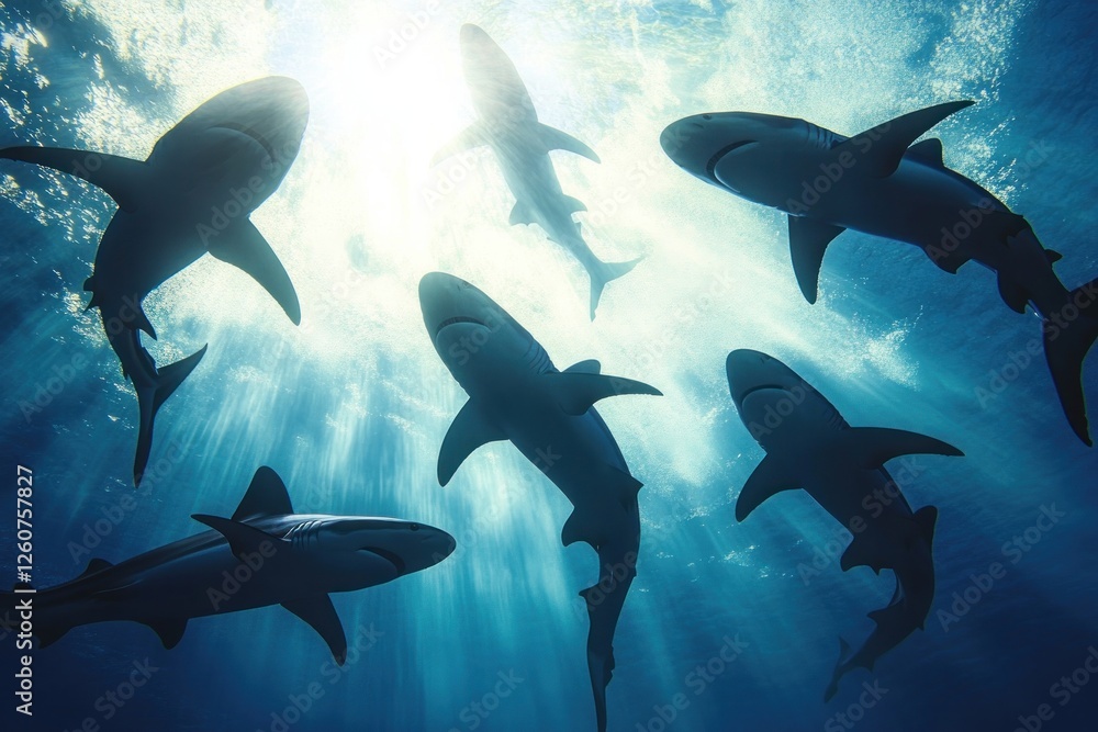 Fototapeta premium Majestic Sharks Swimming Gracefully Underwater in Sunlit Ocean