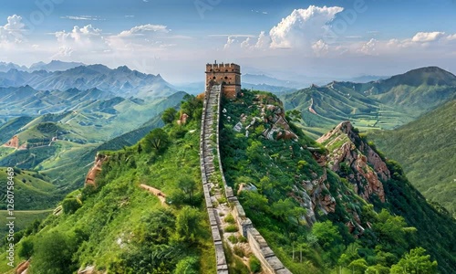 Remains of Great Wall of China wall and beautiful landscape with mountains and Chinese nature 
