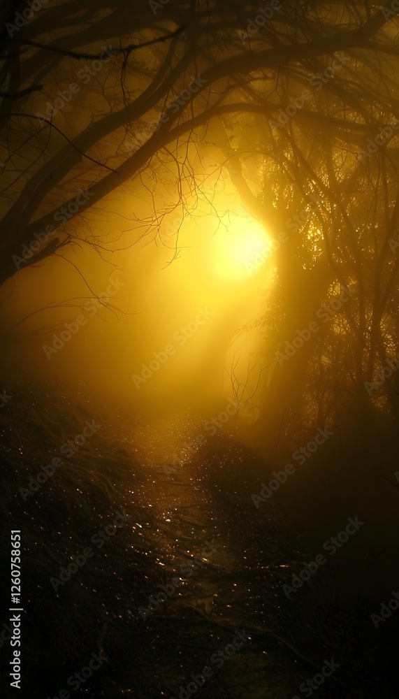 Eye-level shot of a foggy forest trail illuminated by glowing golden light, cinematic serenity Eye-level shot of a foggy forest trail illuminated by glowing golden light, cinematic serenity