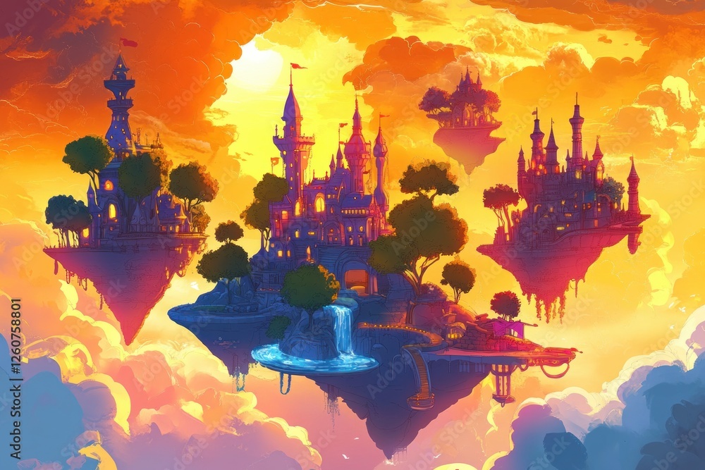 Fantasy Castle Landscape with Colorful Trees and Unique Architecture at Sunset Fantasy Castle Landscape with Colorful Trees and Unique Architecture at Sunset
