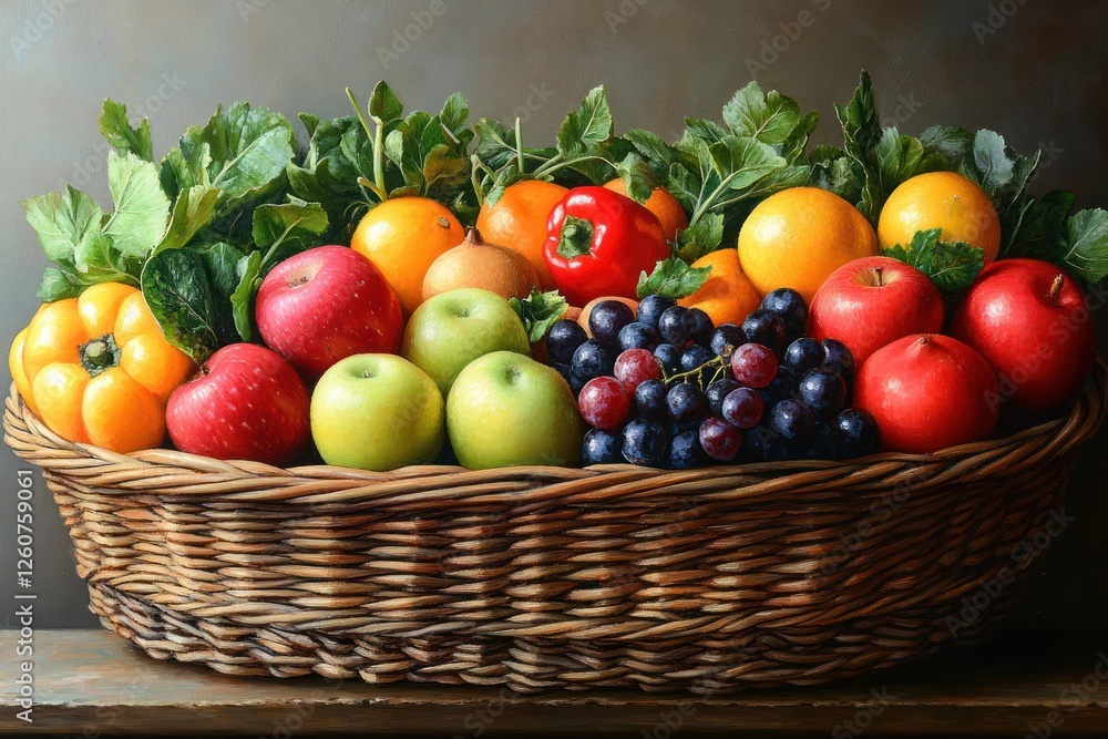 Fresh Fruits and Vegetables in Wicker Basket Close Up with Natural Lighting