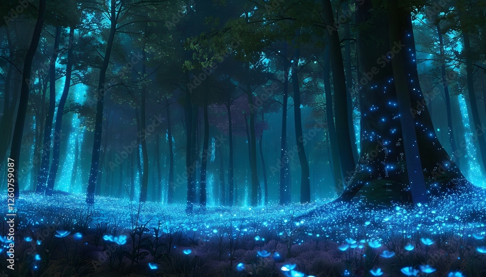 Eye-level shot of a forest illuminated by glowing bioluminescent plants, cinematic wonder Eye-level shot of a forest illuminated by glowing bioluminescent plants, cinematic wonder