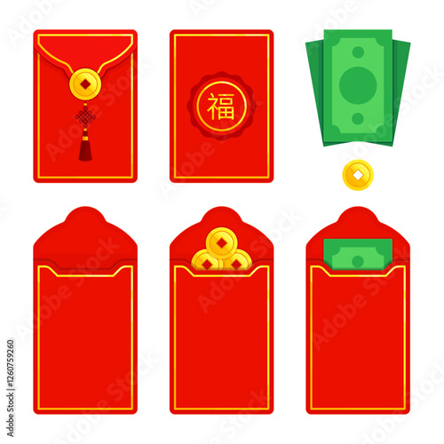 Chinese red envelope (red packet, lai see, hongbao, ang pau, 利是, 红包) with gold coins. Prosperity, good fortune, and Lunar New Year gift concept. Flat vector illustration isolated on white background	