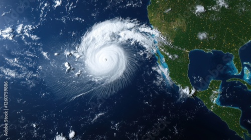 Satellite image showing a large hurricane with cloud formations and eye of the storm visible from space