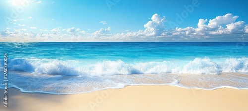 Fototapeta Naklejka Na Ścianę i Meble -  Tropical Beach Sunset Ocean Waves Sand Sky Sunshine Resort Vacation Travel Landscape