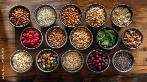 Assorted Healthy Breakfast Grains Arranged on Wooden Surface photo