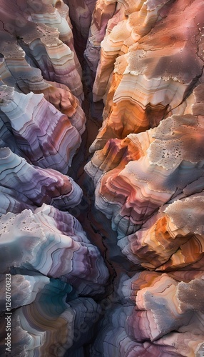 Aerial view of vibrant glowing canyons, pastel hues blending with dramatic cinematic lighting, surreal artistry photo