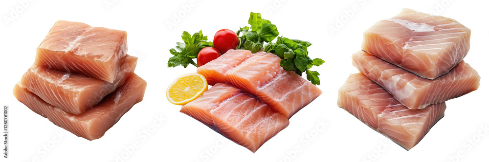Fresh Raw Fish Fillets with Vegetables and Lemon on a Transparent Background Fresh Raw Fish Fillets with Vegetables and Lemon on a Transparent Background