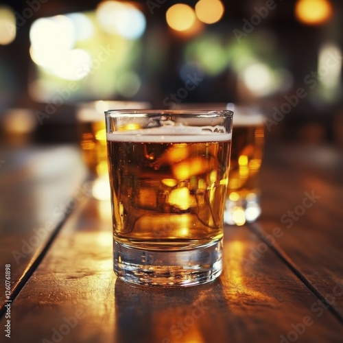 Refreshing glass of beer on a wooden table. photo