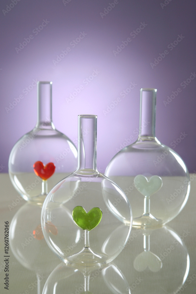 Glass flasks with colorful hearts inside, merging science and affection in a unique visual concept Glass flasks with colorful hearts inside, merging science and affection in a unique visual concept