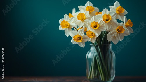 Wallpaper Mural Vibrant daffodils arranged elegantly in a glass vase, casting soft shadows on a rustic table with a serene dark backdrop Torontodigital.ca