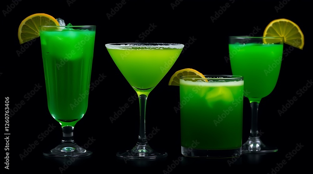 Colourful green cocktails isolated against black Colourful green cocktails isolated against black