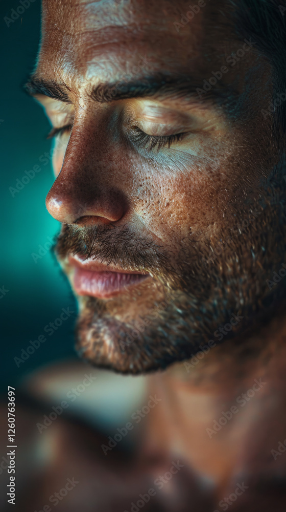 Man with closed eyes showing deep concentration during a meditative moment Man with closed eyes showing deep concentration during a meditative moment