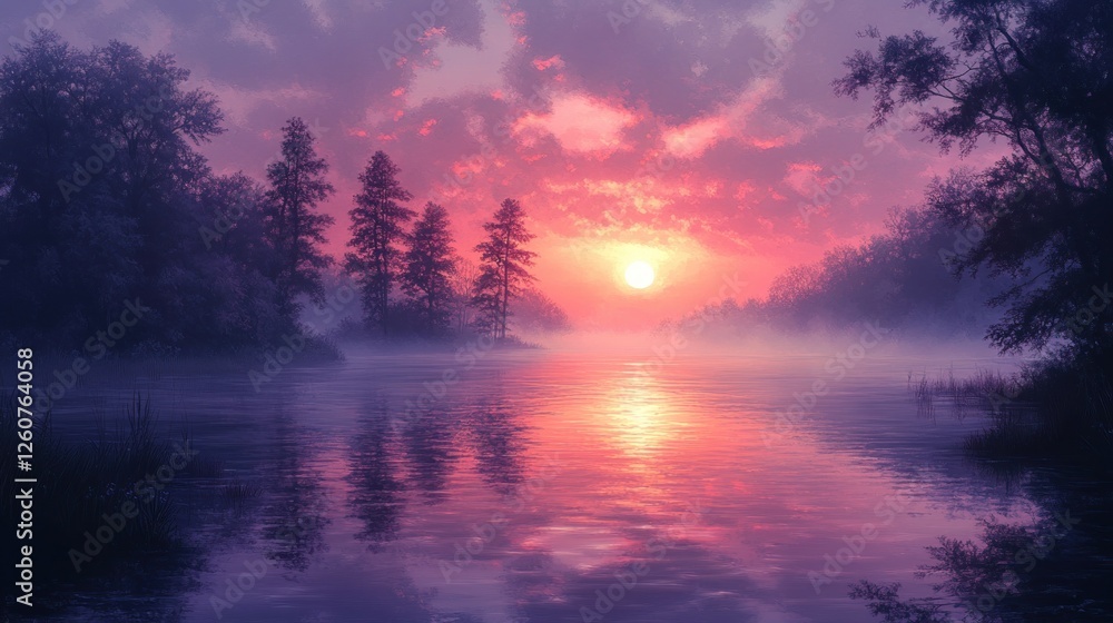 Fototapeta premium Tranquil Dawn Landscape with Misty River and Silhouetted Trees in Soft Pastel Light
