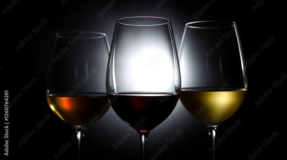 A glass of red wine is next to two glasses of wine. A glass of red wine is next to two glasses of wine.