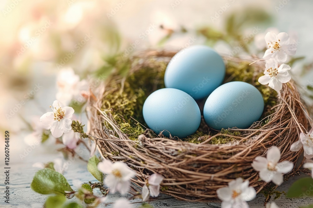 Blue Easter Eggs in Rustic Nest with Blossoms and Moss Blue Easter Eggs in Rustic Nest with Blossoms and Moss