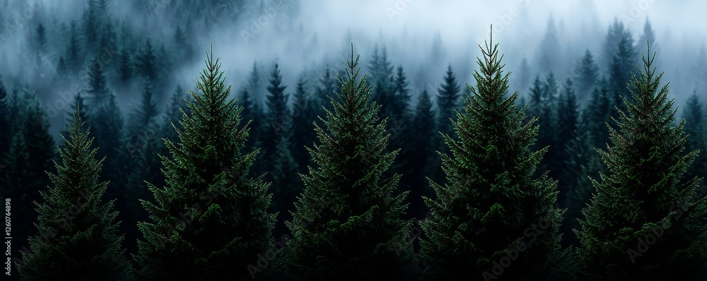 A dense forest shrouded in mist, showcasing tall evergreen trees against a dark, moody backdrop. A dense forest shrouded in mist, showcasing tall evergreen trees against a dark, moody backdrop.