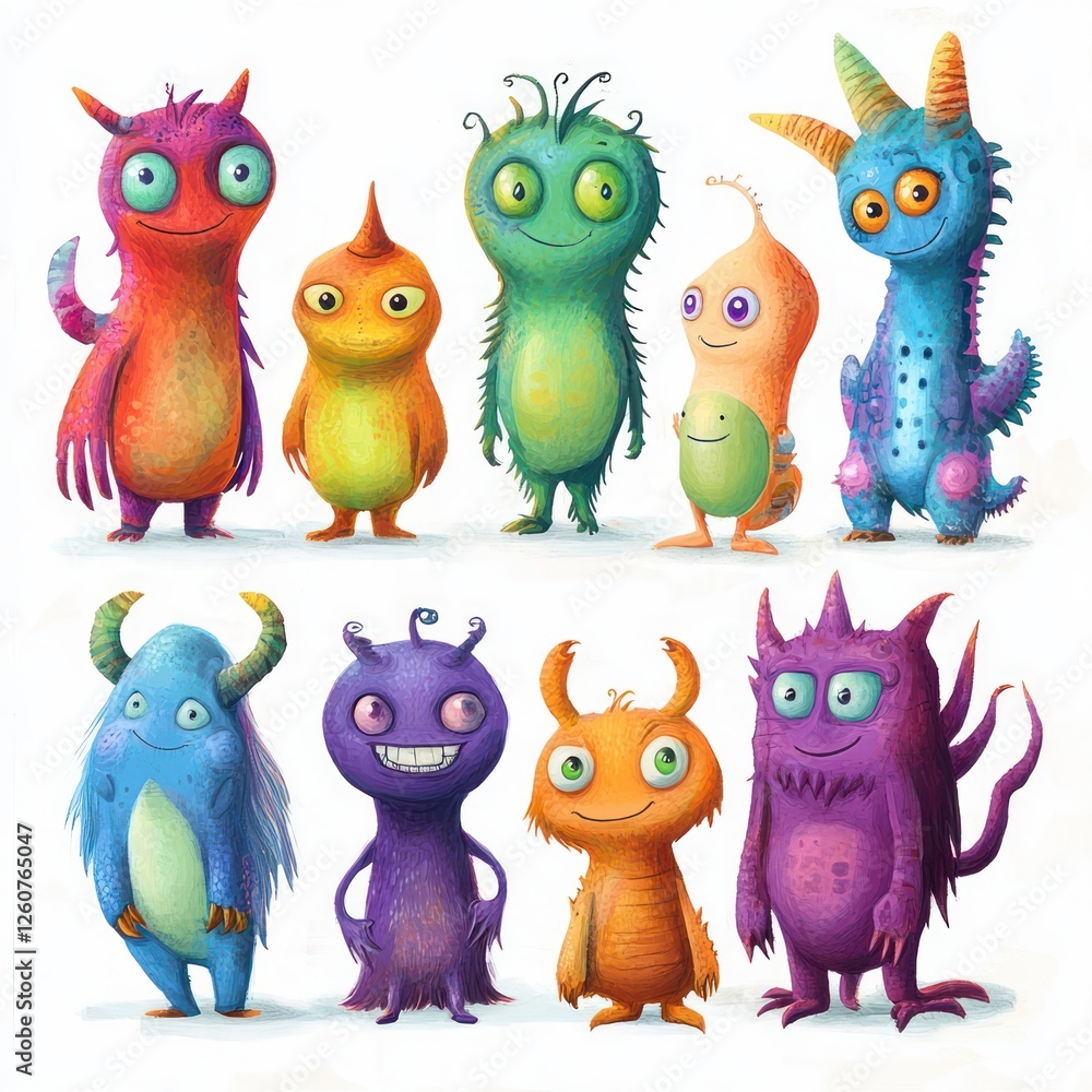 Fototapeta premium Colorful Whimsical Monster Creature Character Design Set Fun Cartoon Style Illustration