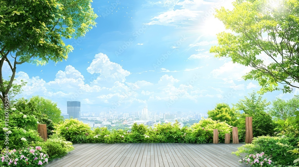 Expansive cityscape vista from a luxurious wooden deck, breathtaking urban views Expansive cityscape vista from a luxurious wooden deck, breathtaking urban views