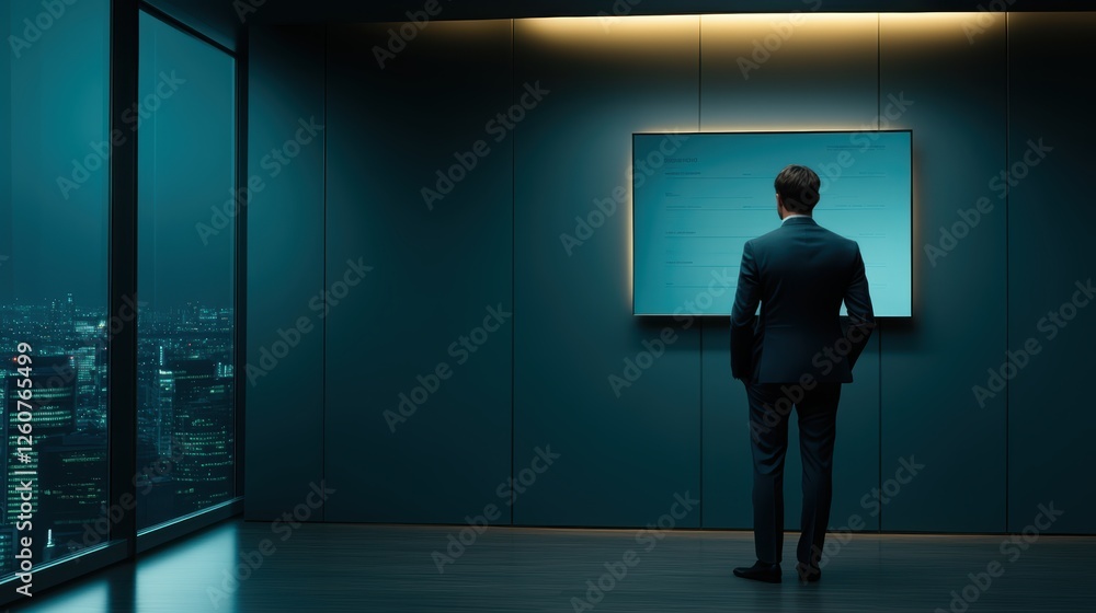 Fototapeta premium Caucasian male in business suit observing digital display in modern office with city view