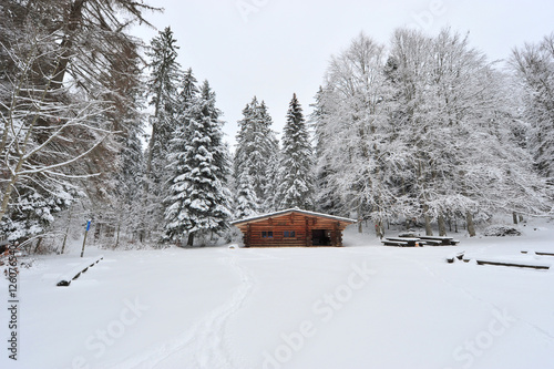 Cabane dans la forêt en hiver
