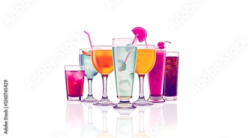 Several glasses of different drinks on bright background