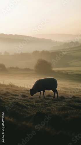 Wallpaper Mural Sheep grazing in a misty countryside landscape at dawn with soft golden light – tranquil rural nature scene symbolizing peace, faith, and simplicity Torontodigital.ca