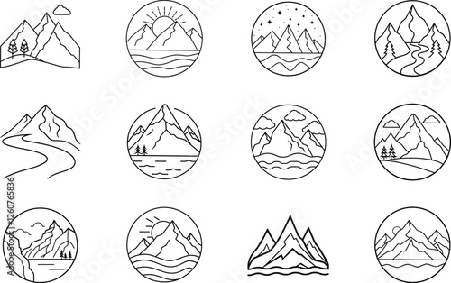 Twelve Minimalist Mountain Landscape Line Art Icons Designs