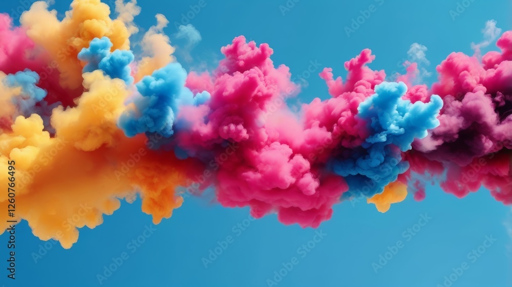 Fototapeta premium A vibrant smoke cloud in various colors floats against a clear blue sky, creating a striking visual contrast.