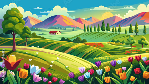 Idyllic spring landscape with rolling green hills and tulip flowers