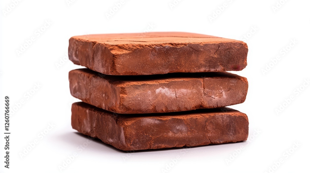 Three stacked bricks with a textured surface, showcasing a reddish-brown color, against a plain background. Three stacked bricks with a textured surface, showcasing a reddish-brown color, against a plain background.