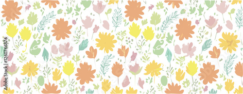 Floral decorative pattern with different flowers and plants, summer design, vector background.