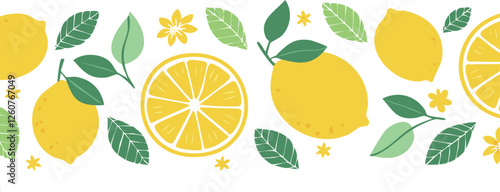 Botanic seamless pattern with yellow lemons and lemon slices. Hand drawn lemons pattern on white background. Fruit repeated background. Vector bright print for fabric, wallpaper, design, party paper.
