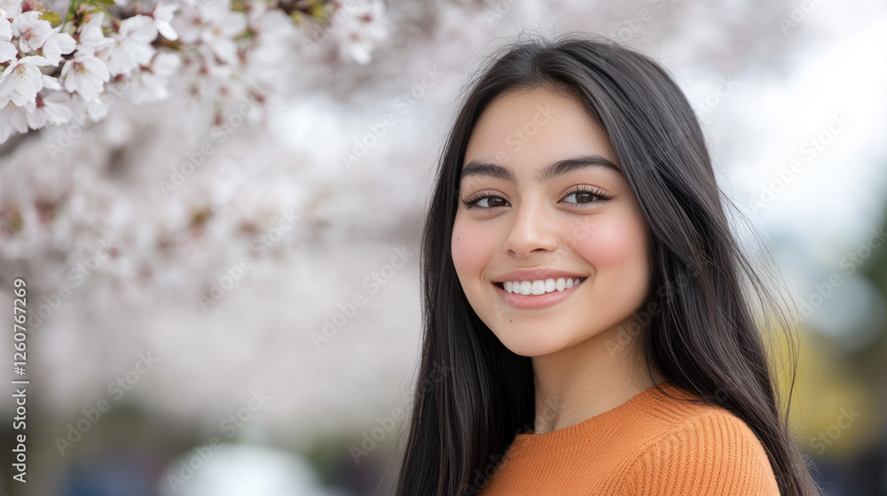 Hispanic woman in necks long sleeves smiling enjoying spring on street with cherry blossom