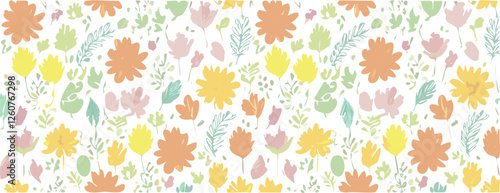 Floral decorative pattern with different flowers and plants, summer design, vector background.