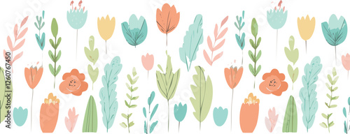 Floral decorative pattern with different flowers and plants, summer design, vector background.