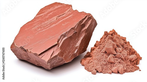 Natural Red Clay Rock With Pile of Powedered Clay Isolated on White Background photo